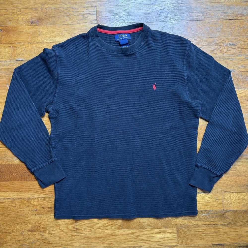 Polo Ralph Lauren Shirt Mens Medium Black Waffle Knit Crewneck Thermal Red Pony
